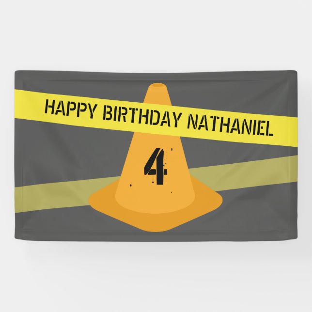 Orange Cone Caution Tape Construction Birthday Banner (Horizontal)
