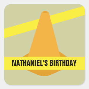 Orange Cone & Construction Tape Birthday Party Square Sticker