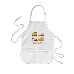 Orange Construction Vehicles and Trucks, Kids Name Apron