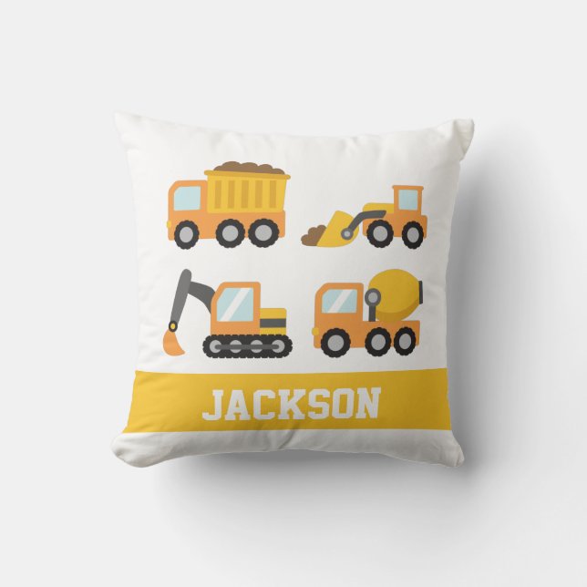 Orange Construction Vehicles Boys Room Decor Cushion (Front)
