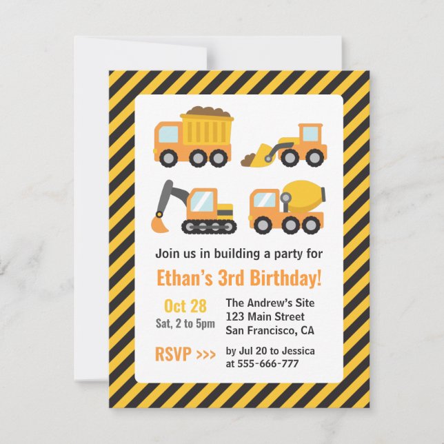 Orange Construction Vehicles Kids Birthday Party Invitation (Front)