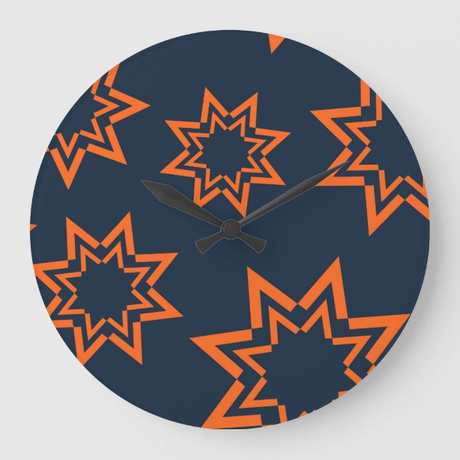 Orange, cool, trendy, playful star shape pattern large clock (Front)
