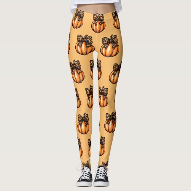 Orange Coquette Autumn Halloween Leopart Pumpkin Leggings (Front)