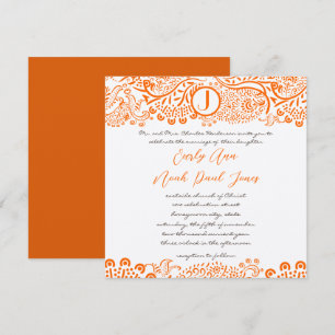 Orange Coral Lovebird Pattern Monogram Weddings Invitation