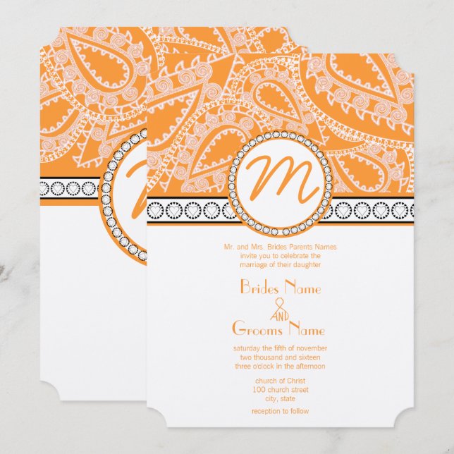 Orange Coral Monogram Paisley Wedding Invitation (Front/Back)
