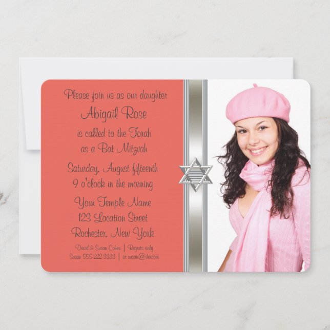 Orange Coral Photo Bat Mitzvah Invitation (Front)