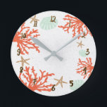 Orange Coral Sea Shells & Starfish Whimsical Round Clock<br><div class="desc">Customise with any text.</div>