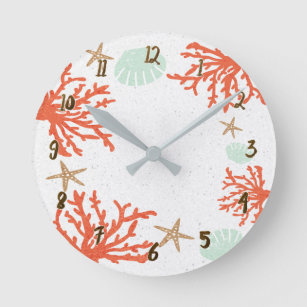Orange Coral Sea Shells & Starfish Whimsical Round Clock