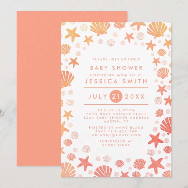 Orange-Coral Sea Things Baby Shower Invitation (Front/Back)