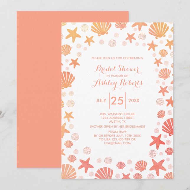 Orange-Coral Sea Things Bridal Shower Invitation (Front/Back)