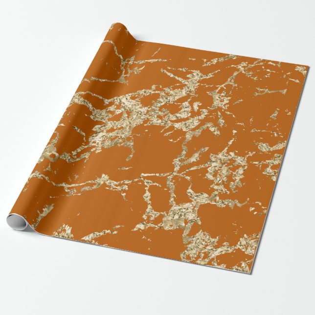 Orange Coral Skinny Gold Marble Strokes Stone   Wrapping Paper (Unrolled)