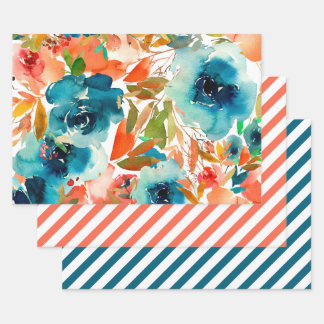 Orange Coral Teal Watercolor Floral Striped Wrapping Paper Sheet