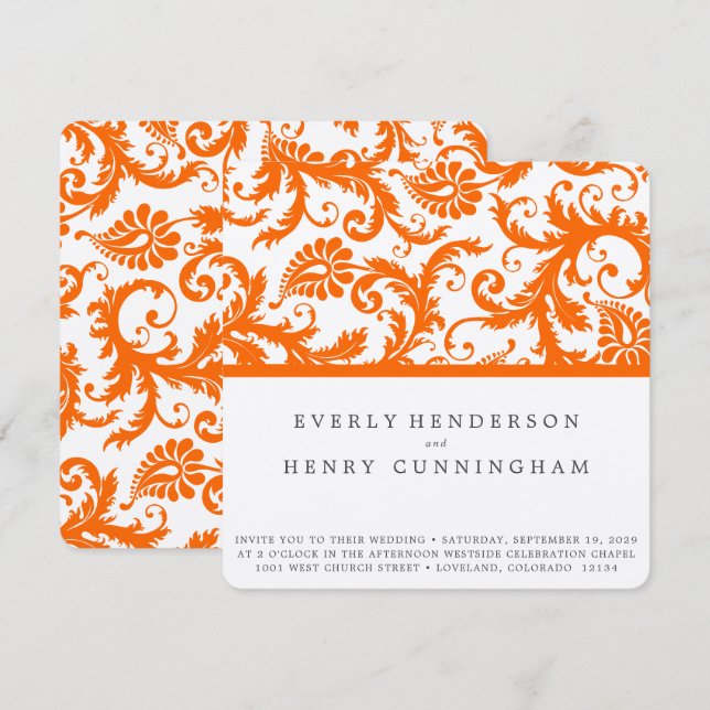 Orange Coral Teracotta Damask Wedding  Invitation (Front/Back)