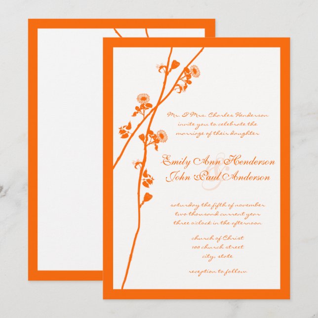 Orange Coral Wildflower Branch Wedding Invites (Front/Back)