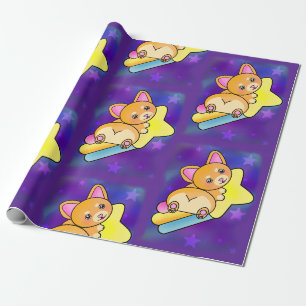 Orange Corgi with Bright Rainbow Galaxy Stars Wrapping Paper