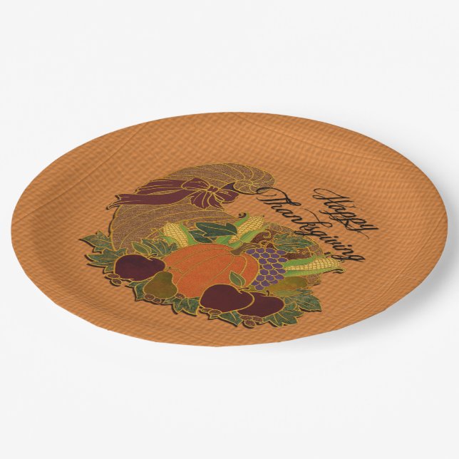 Orange Cornucopia Thanksgiving Paper Plates (Angled)