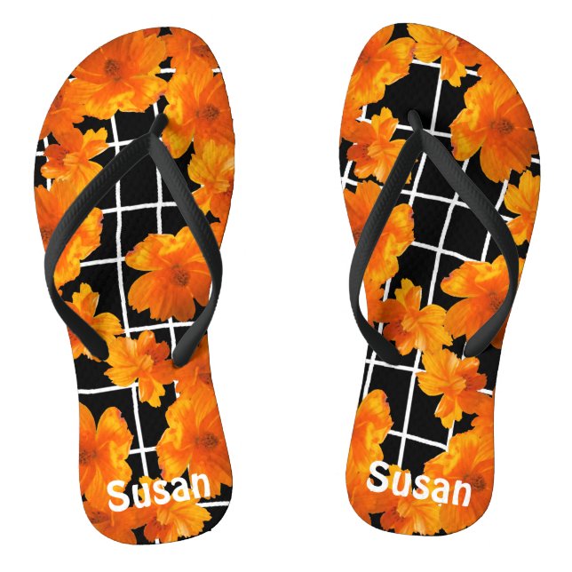 Orange Cosmos Flower Graphic Black White Flip Flops (Footbed)