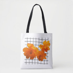 Orange Cosmos Flower on Black Grid on White Tote Bag