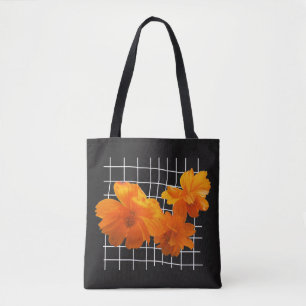 Orange Cosmos Flower on White Grid on Black Tote Bag