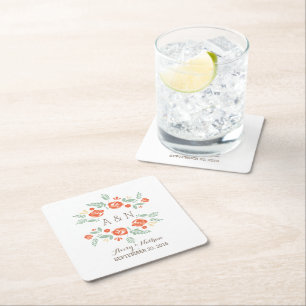 Orange Country Floral Monogram Paper Coasters