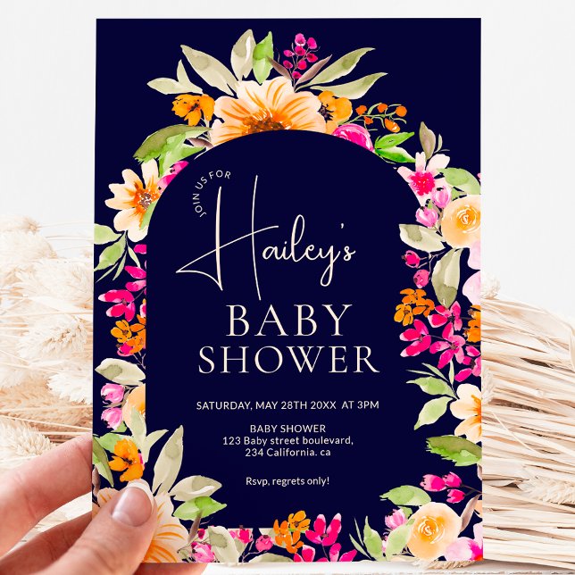 Orange Country floral watercolor Baby shower Invitation (Orange Country floral watercolor Baby shower Invitation on navy blue)