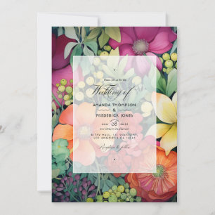Orange, Cranberry, and Green Floral Wedding Invitation