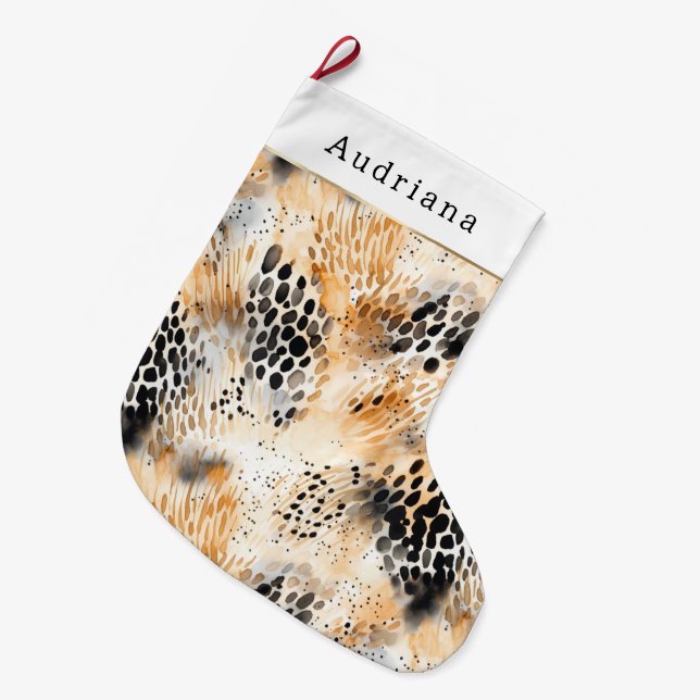 Orange Cream Black Leopard Animal Christmas Large Christmas Stocking (Front (Hanging))