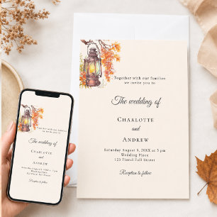 Orange cream fall florals lantern rustic wedding invitation