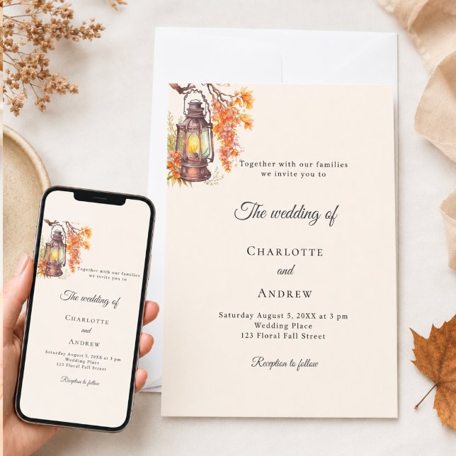 Orange cream fall florals lantern rustic wedding invitation (Creator Uploaded)