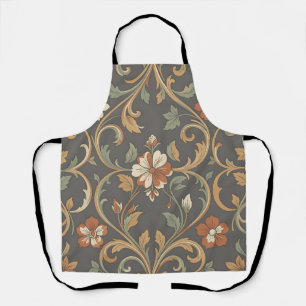 Orange Cream Floral Damask Pattern Ornate Scroll Apron