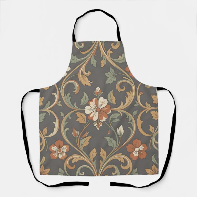 Orange Cream Floral Damask Pattern Ornate Scroll Apron (Front)