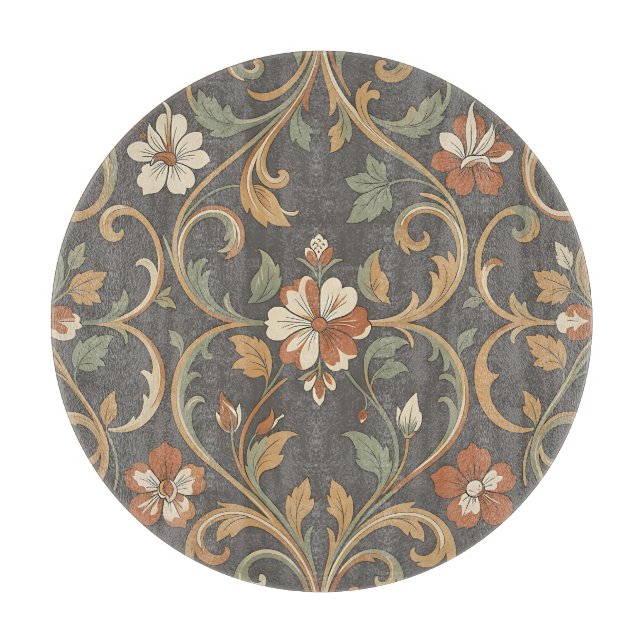 Orange Cream Floral Damask Pattern Ornate Scroll Cutting Board (Front)