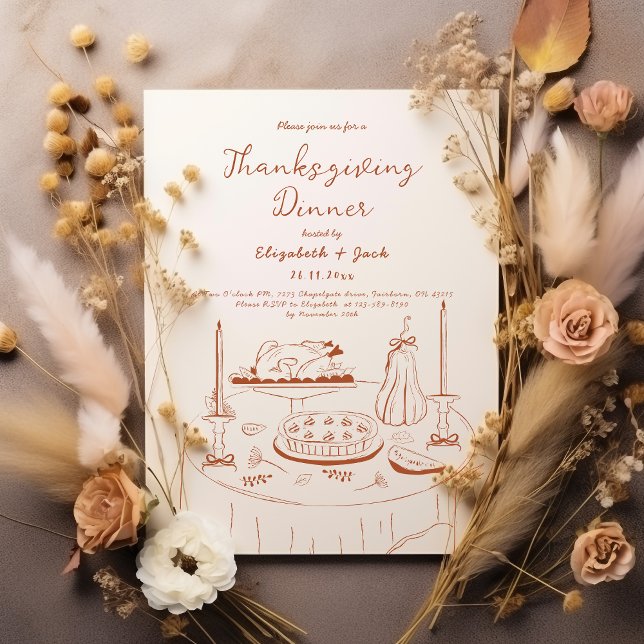 Orange & Cream Hand Drawn Thanksgiving Dinner Invitation (Creator Uploaded)