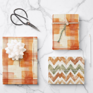 Orange Cream Plaid Stripes Zigzag Birthday Wrapping Paper Sheet