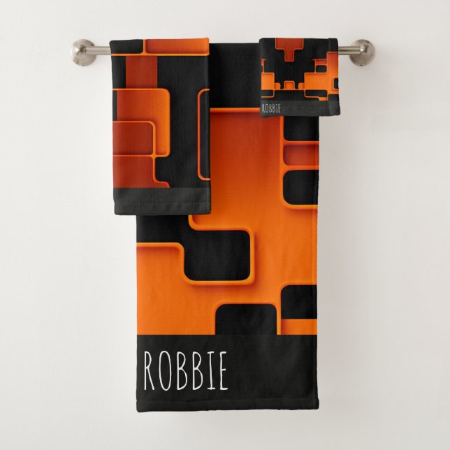 Orange creative maze squares Abstract Pattern Bath Towel Set (Insitu)