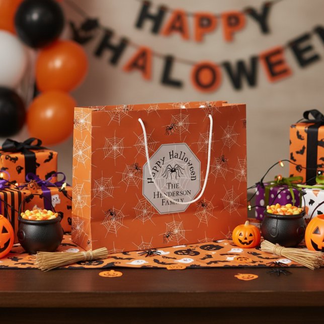 Orange Creepy Spider Webs Custom Halloween Large Gift Bag (Spooky Orange and Black Spiderweb Gift Bags. Creepy Black Spiders & Webs Pattern for Halloween Party)