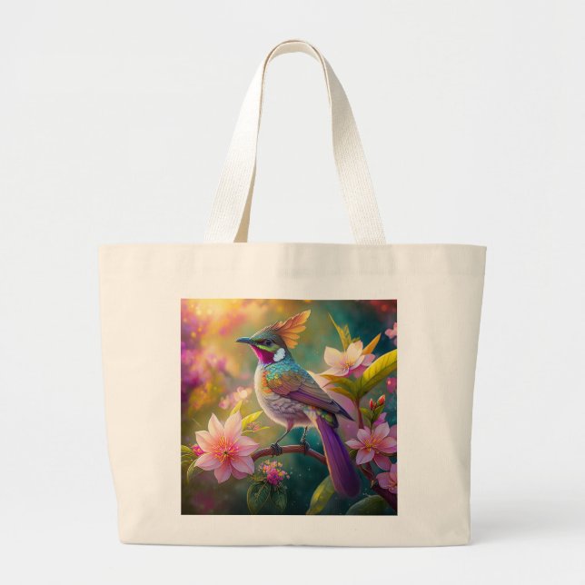 Orange Crested Rainbow Jay Fantasy Bird Large Tote Bag (Front)