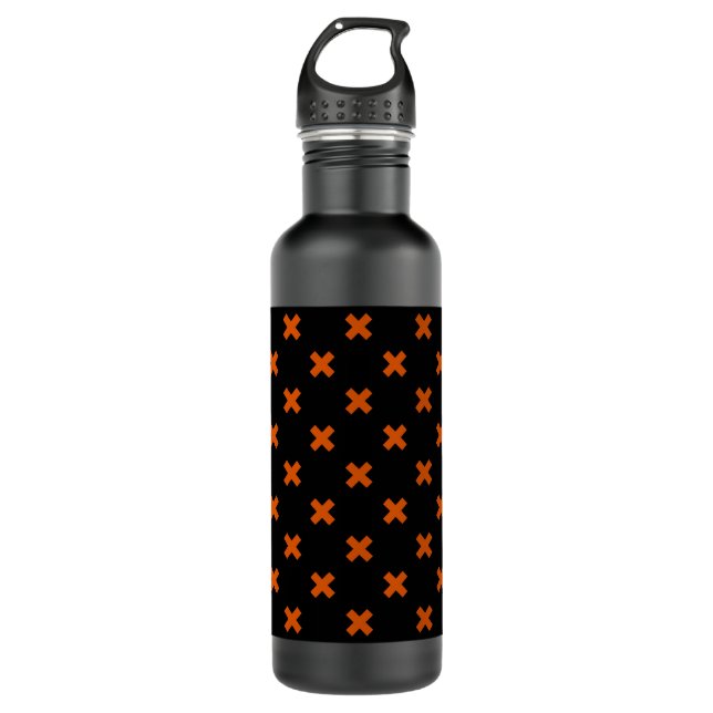Orange cross stitches on black 710 ml water bottle (Front)