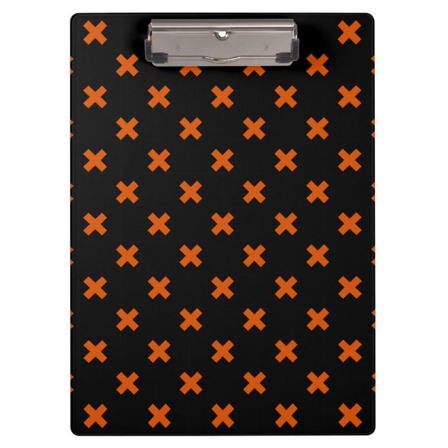 Orange cross stitches on black clipboard (Front)