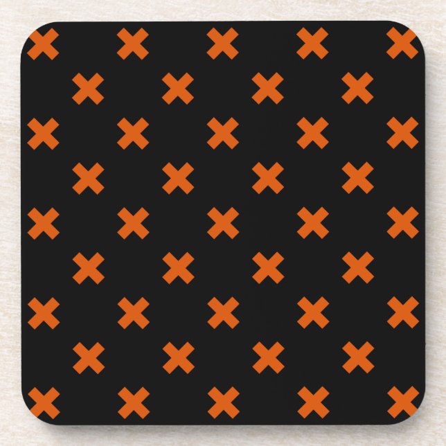 Orange cross stitches on black coaster (Front)