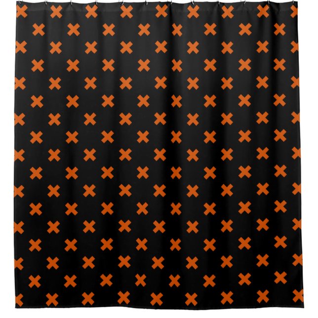 Orange cross stitches on black shower curtain (Front)