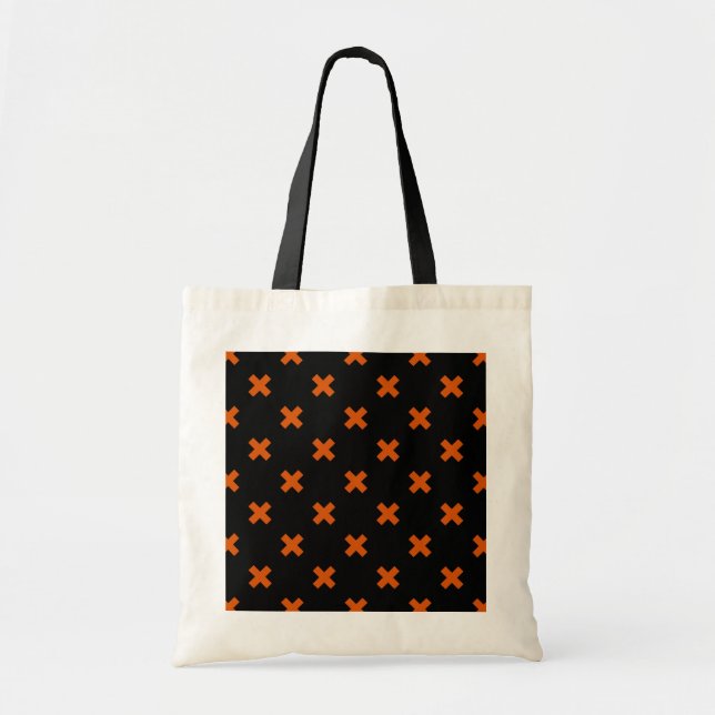 Orange cross stitches on black tote bag (Front)