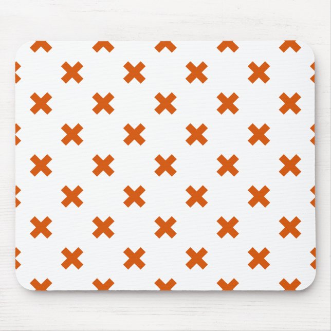 Orange cross stitches on white mouse mat (Front)