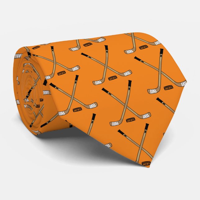 Orange Crossed Hockey Sticks and Puck Tie (Rolled)