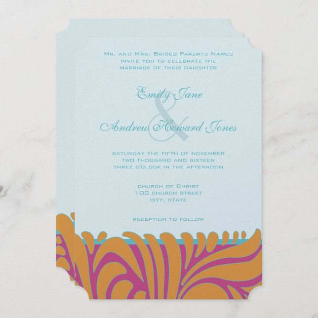 Orange Crush Aqua Fuchsia Swirls on Silver Invitation (Front/Back)