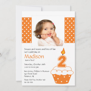 Orange Cupcake Photo 2nd Birthday Invitation