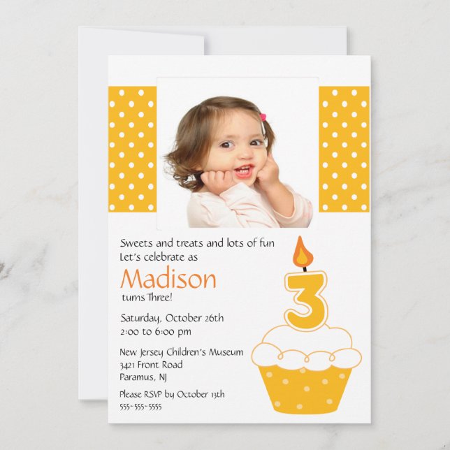Orange Cupcake Photo 3rd Birthday Invitation (Front)