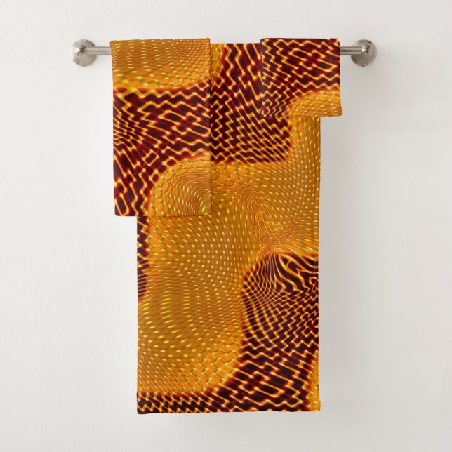 Orange curve and golden points on brown background bath towel set (Insitu)