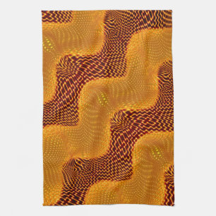 Orange curve and golden points on brown background tea towel