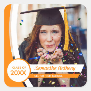 Orange Curved Frame Photo Graduation Square Sticker